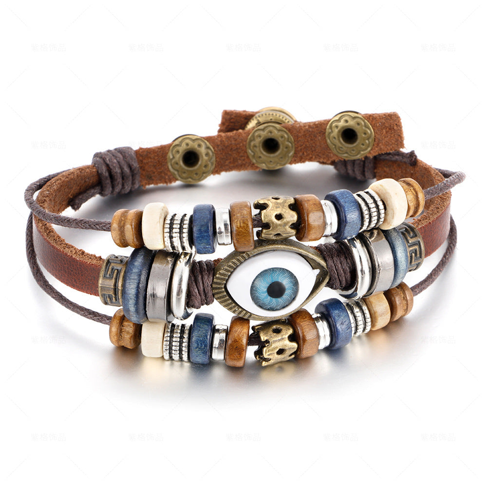 Popular Ethnic Style Multi-layer Cowhide Hand-woven Beads Leather Cord Bracelet Adjustable