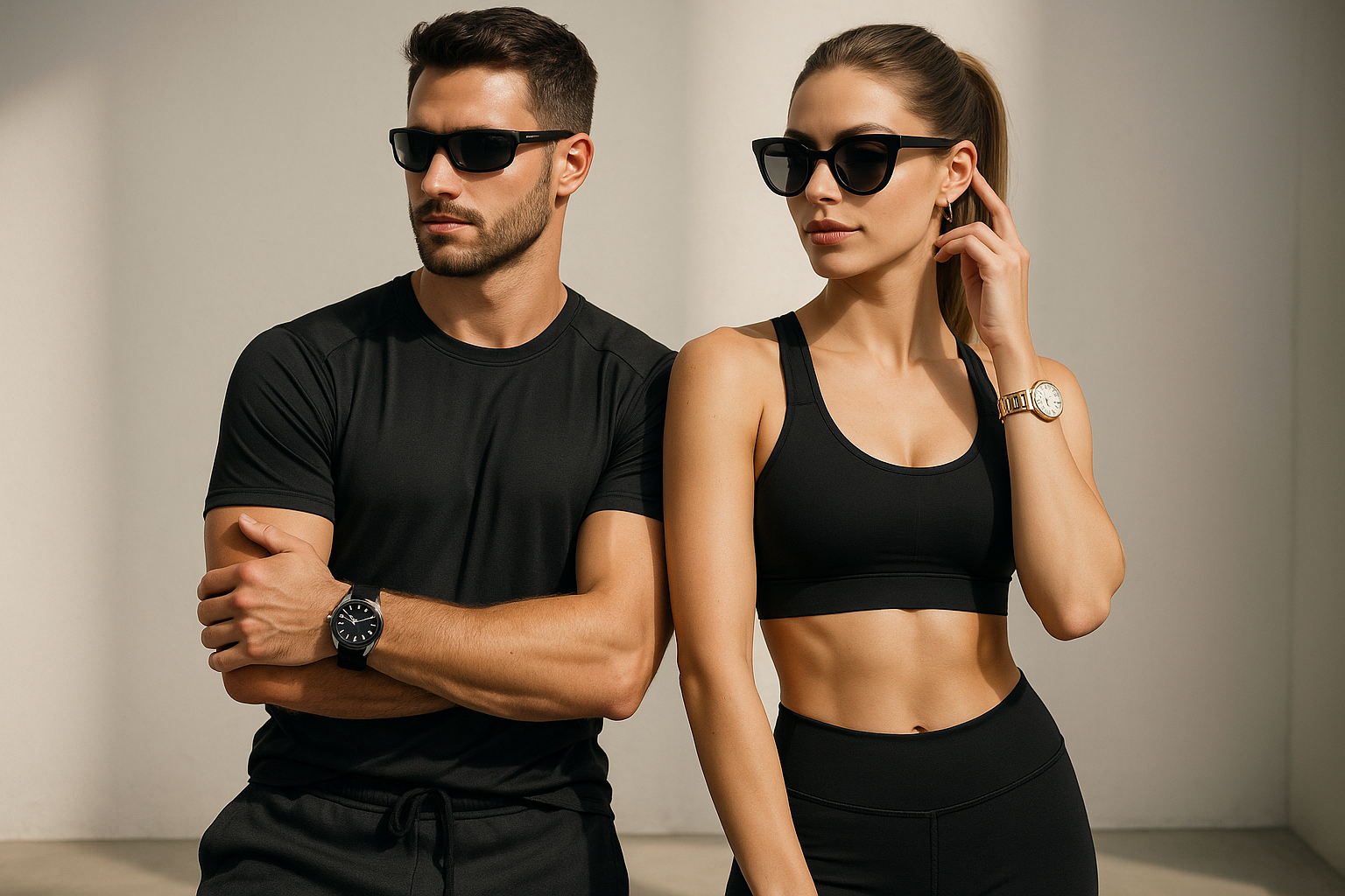 Photo for man and women wearing accessories, watches, sunglasses and sports wear